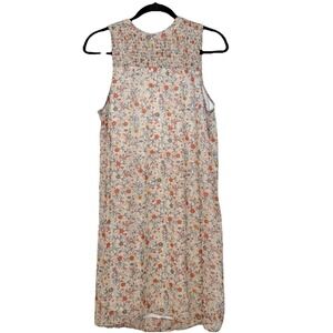 Massini Sleeveless Floral Smocked Shift Midi Dress Beige Blue Coral Size Medium